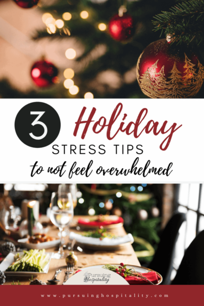 3 Holiday stress Tips to not feel overwhelmed Red Christmas ornament on tree and a table decorated for Christmas Dinner