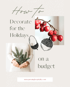 How to decorate on a budget woman holding Christmas Tree and red berries.