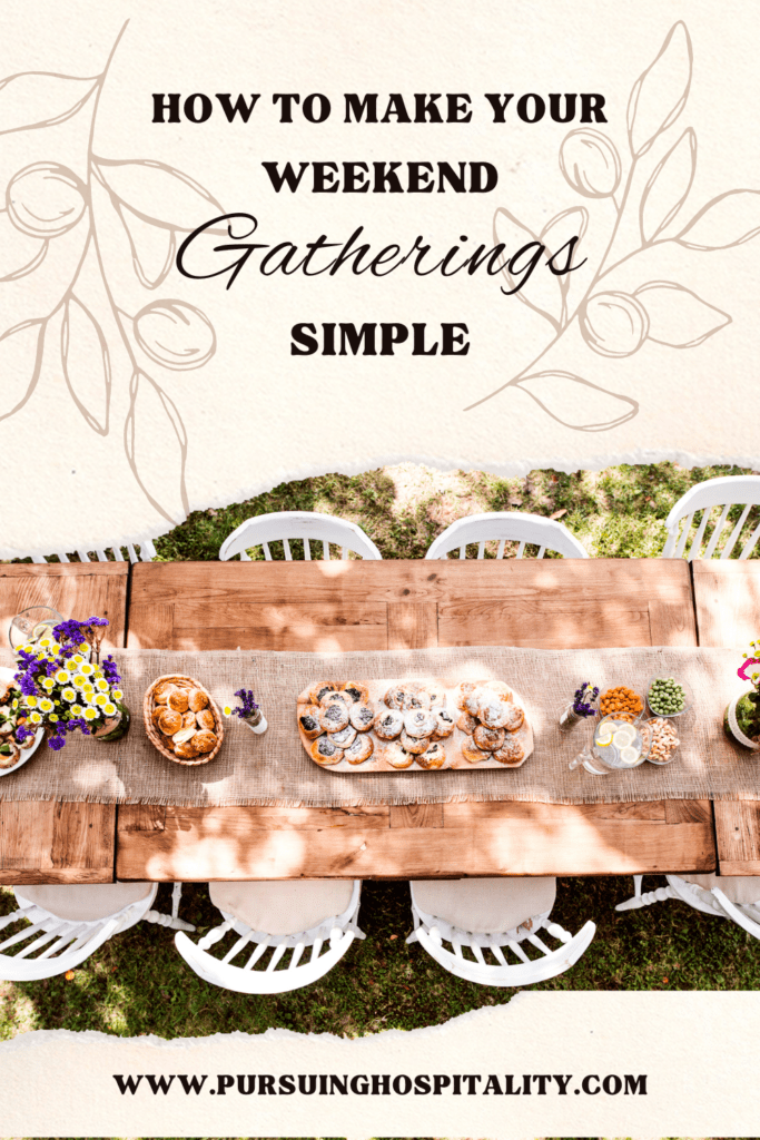 How To Make Your Weekend Gatherings Simple Cream back ground image with branches.  long wood table that has white chairs and food on the table. 